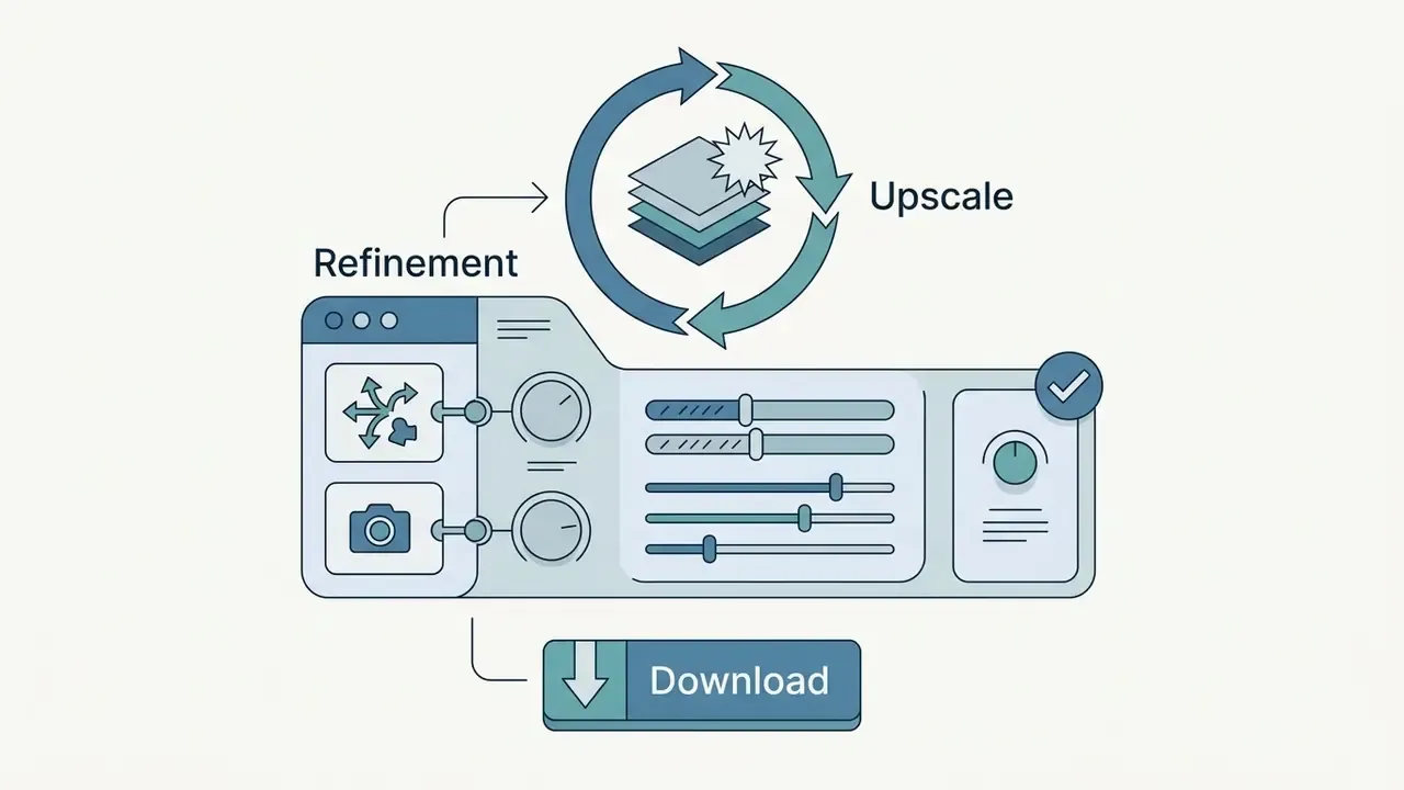 Software interface with sliders for refinement and a circular arrow icon representing the upscale process