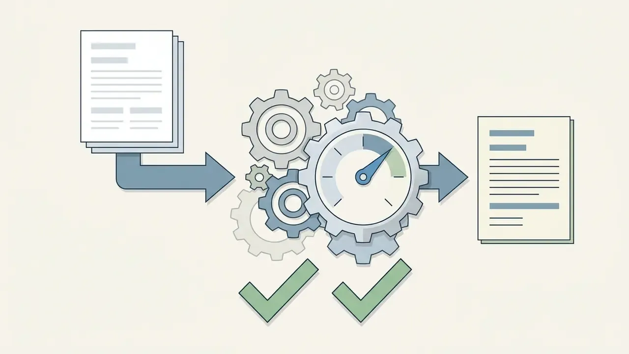 Documents moving through a gear mechanism with a gauge and checkmarks to produce a refined final output