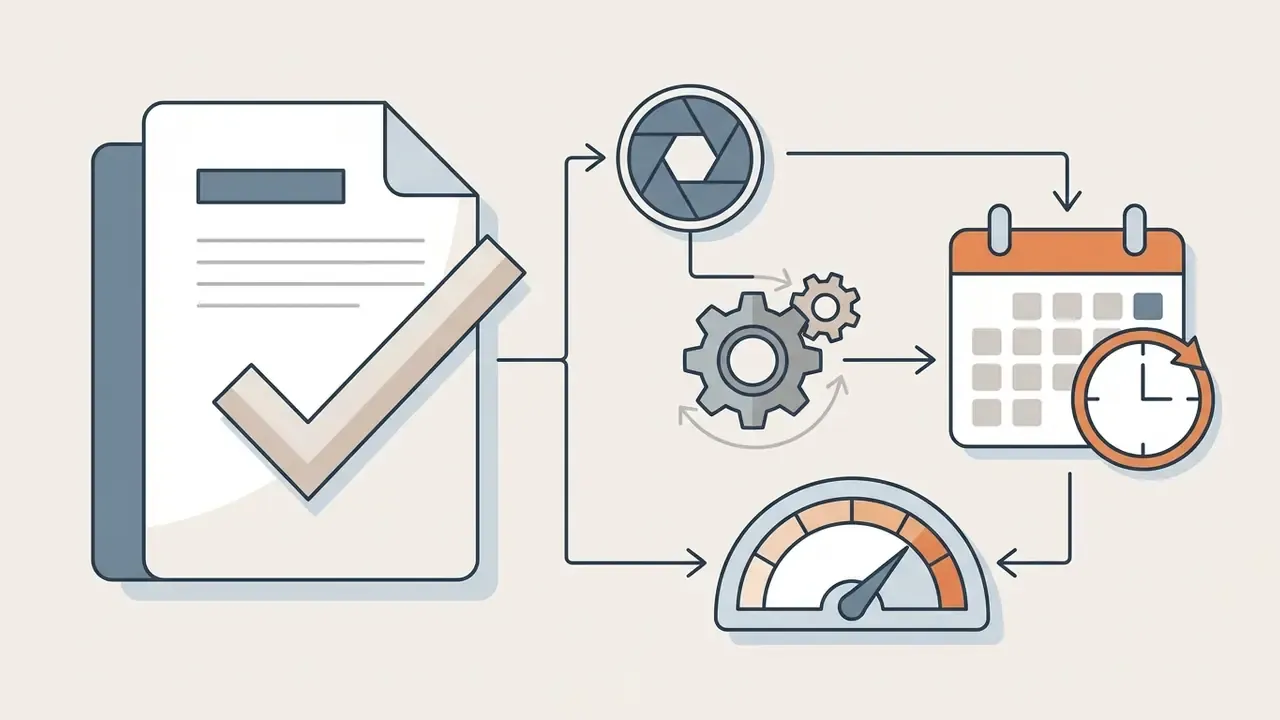 Document with a checkmark linked to camera, gear, calendar, and speedometer icons representing data analysis
