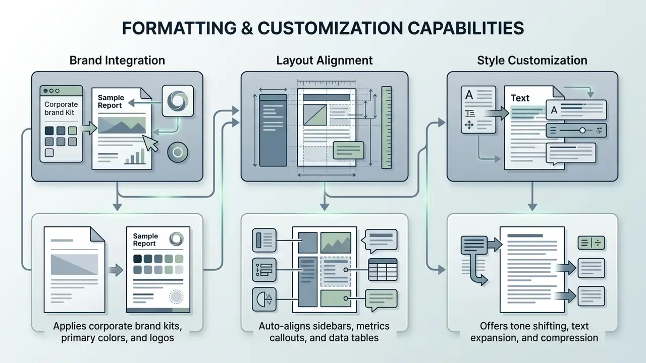 Three process steps showing brand integration, layout alignment, and style customization for documents