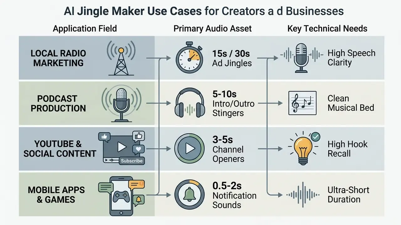 Table mapping application fields to audio assets and technical requirements for digital content