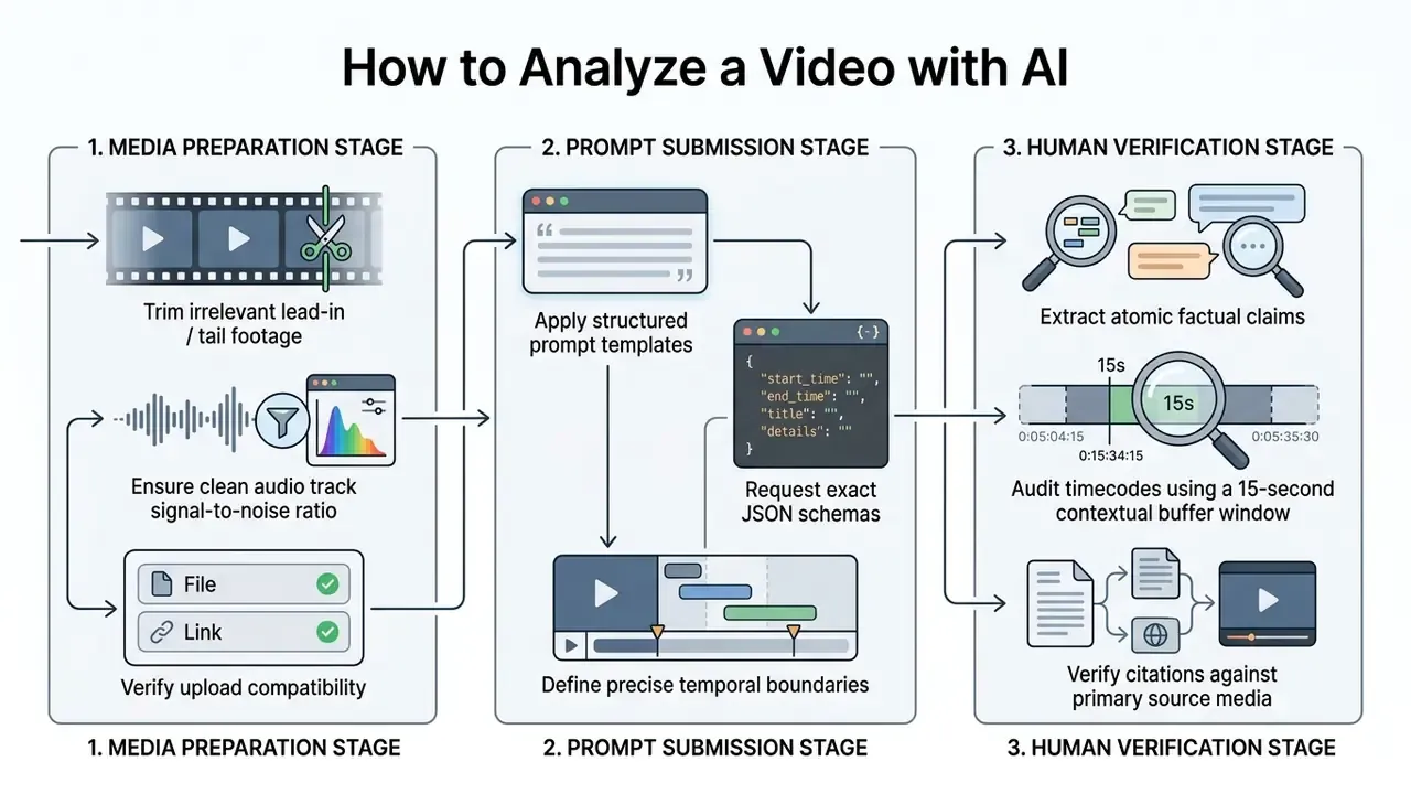 Three-stage workflow for media preparation, prompt submission, and human verification of video content