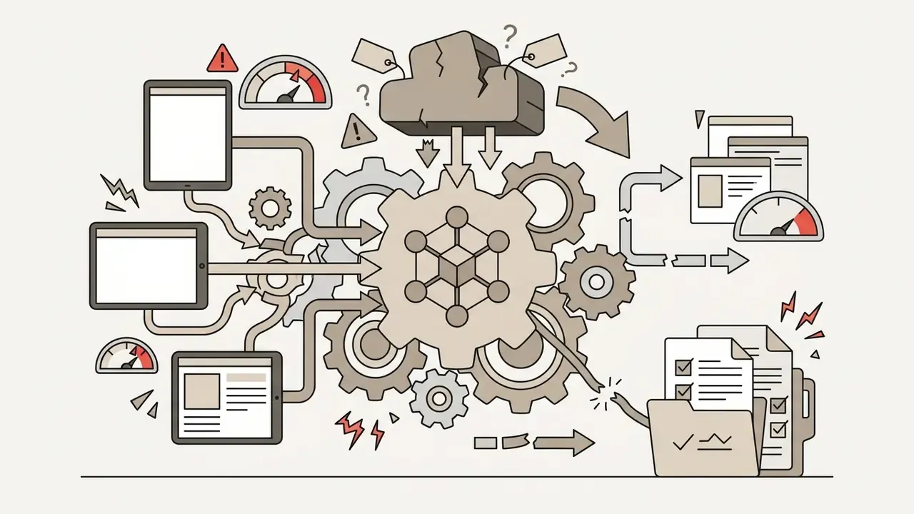Interconnected gears processing data from tablets into a cloud model and broken document folders