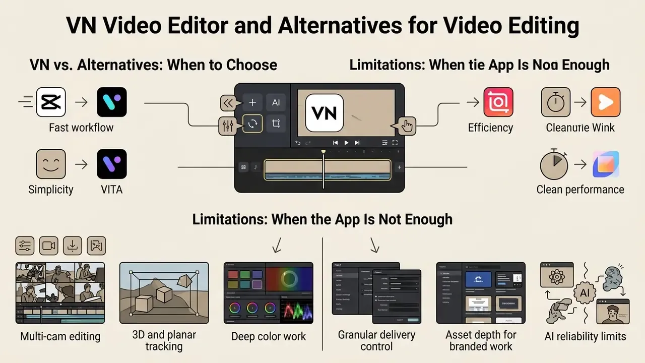 Graphic mapping VN app workflows against alternative editing tools and advanced technical limitations