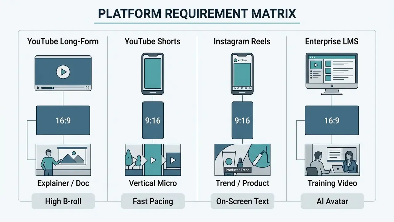 Comparison table mapping video platforms to aspect ratios, content types, and core production requirements