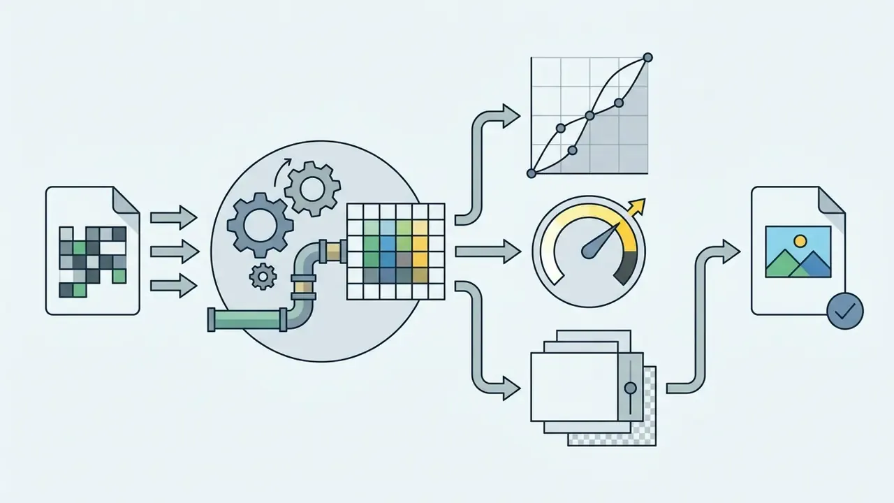 Diagram showing raw data processing into tone curves, exposure adjustments, and layered image output