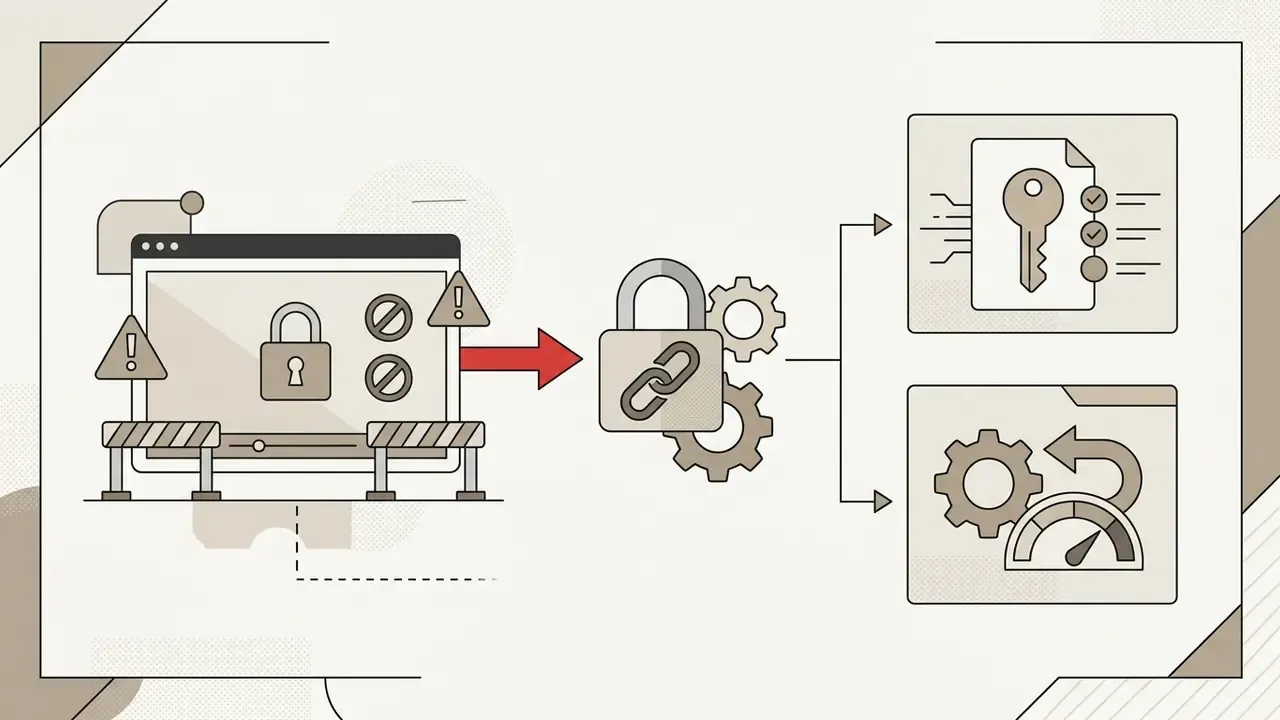 Blocked video player icon pointing to a padlock and gears separating authentication from processing