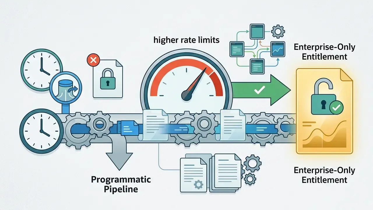 Speedometer gauge and gears representing increased API throughput for enterprise pipeline access