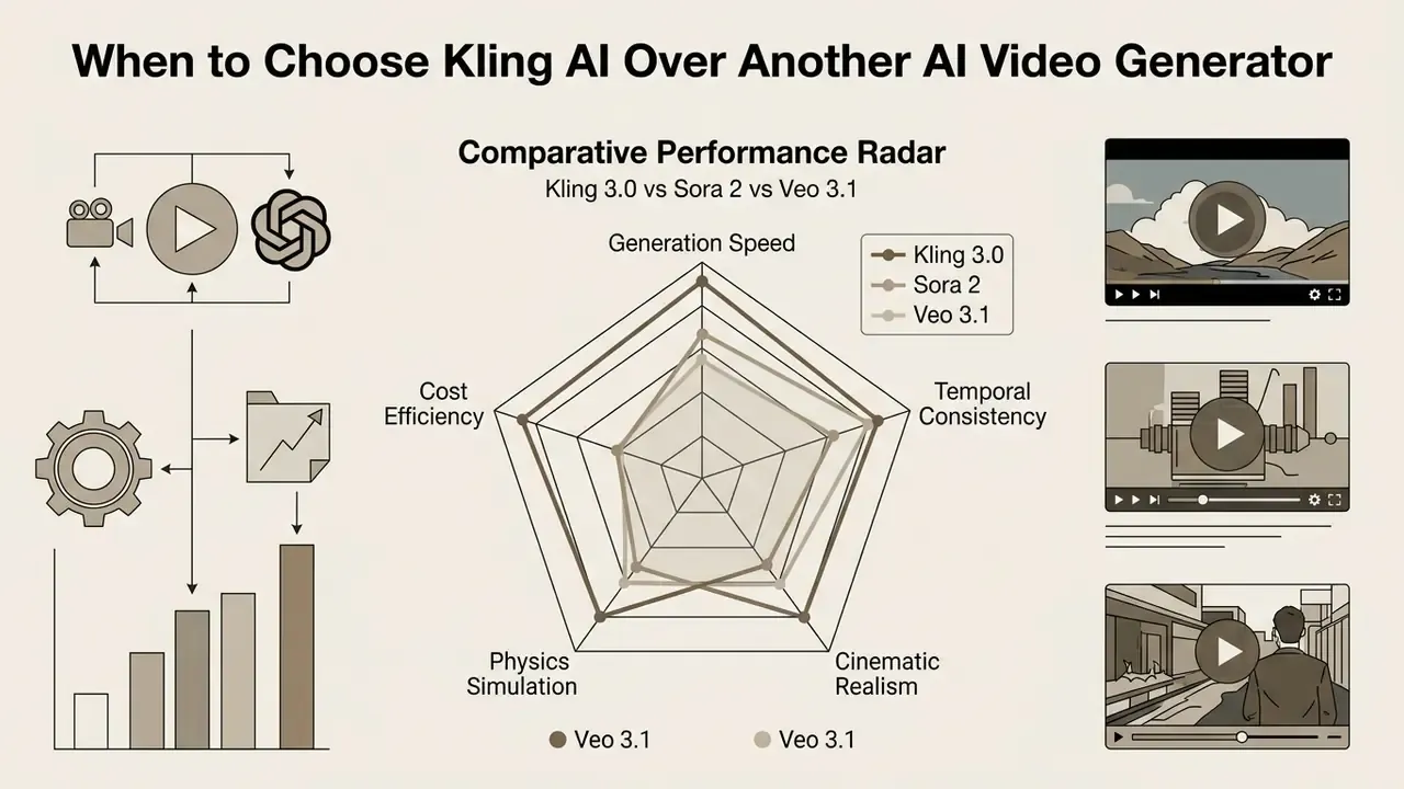 Radar chart comparing performance metrics of Kling 3.0, Sora 2, and Veo 3.1 video generation models