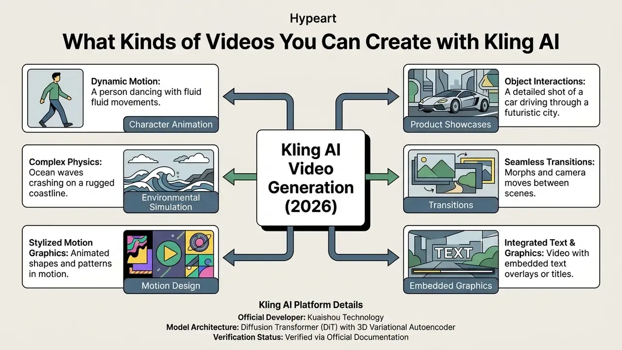 Diagram showing six categories of video output from Kling AI including character animation and physics