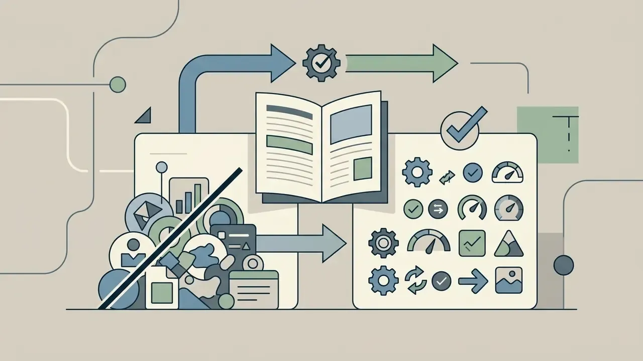 Collection of icons flowing into a panel of gear, checkmark, and gauge symbols beneath an open book