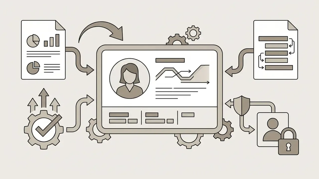 Documents and security icons feeding into a digital interface to generate avatar based explainer videos