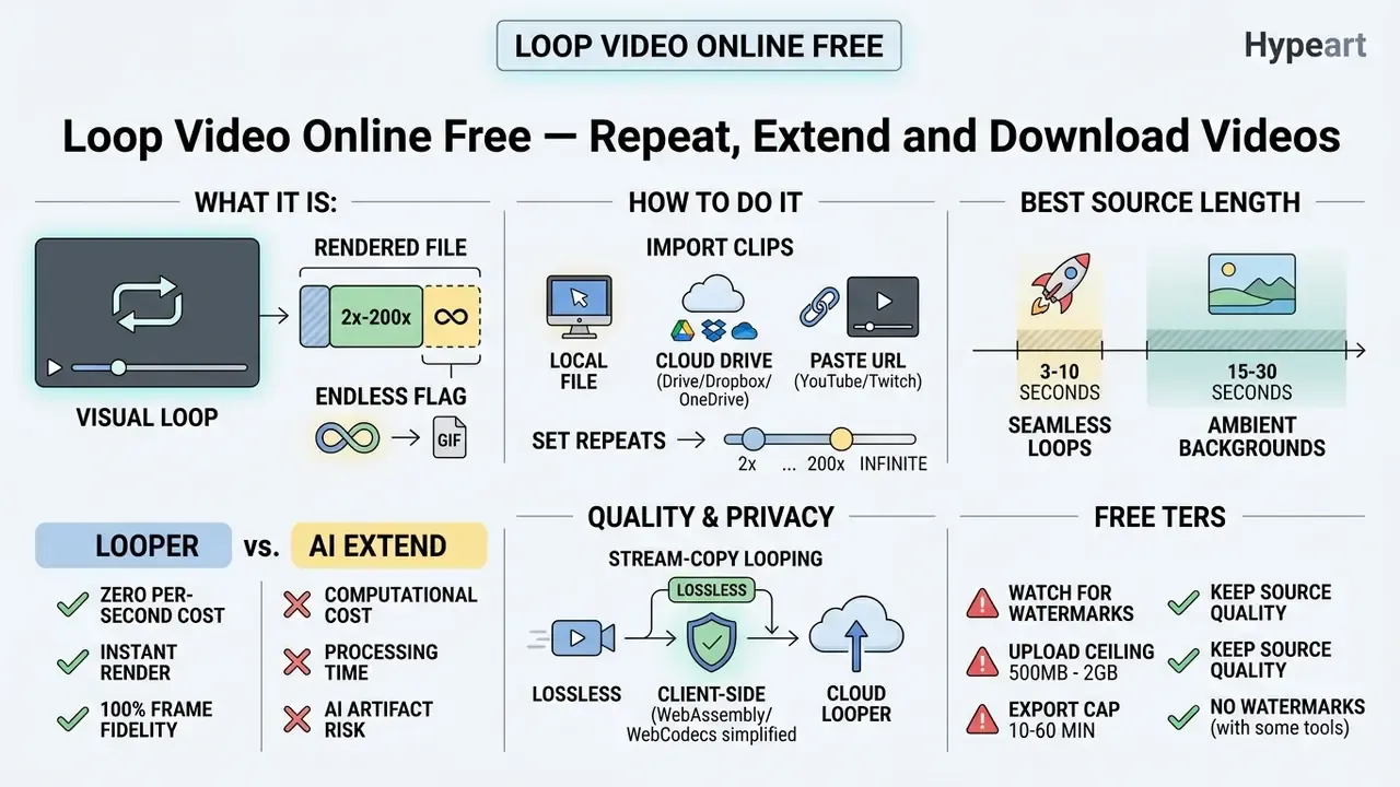 Infographic explaining how to loop video online by detailing import methods, length, and quality settings