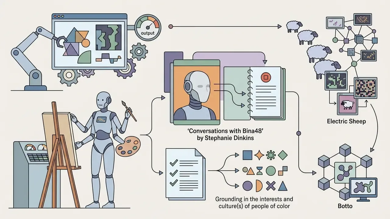 Robotic artist and Bina48 dialogue interface connected to data processing icons and networked AI systems