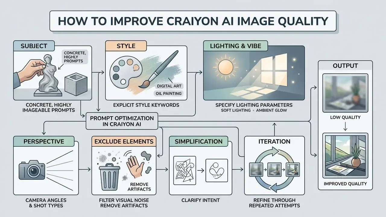 Step-by-step diagram showing techniques to refine prompts for better visual output quality