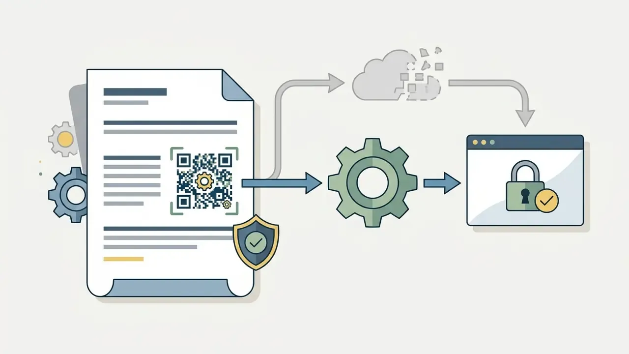 Printed document with a QR code and shield icon connecting through a gear to a secure web portal