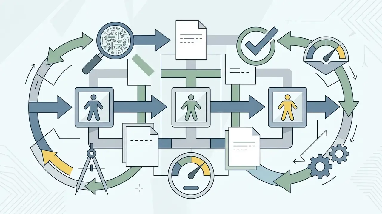 Looping process graphic with character icons, document symbols, gauges, and gears for design refinement