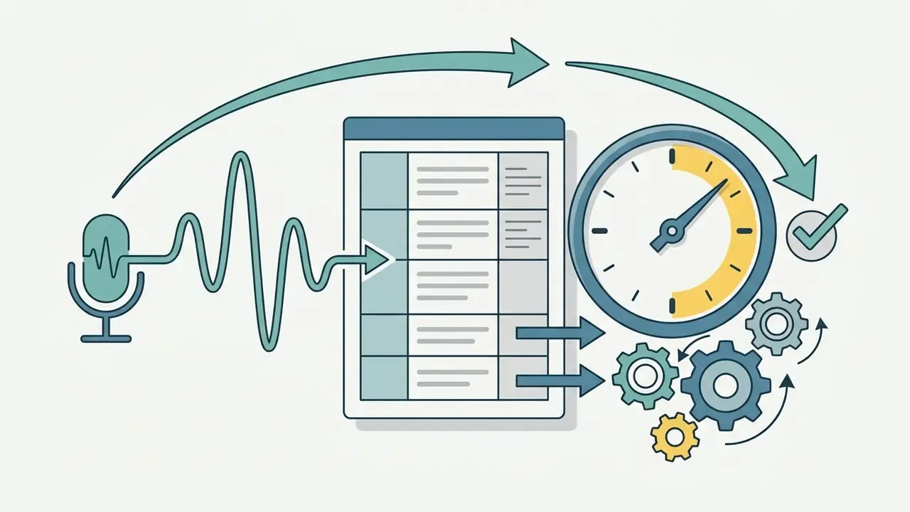 Microphone icon with sound wave connecting to a document table, a clock, and a set of interlocking gears