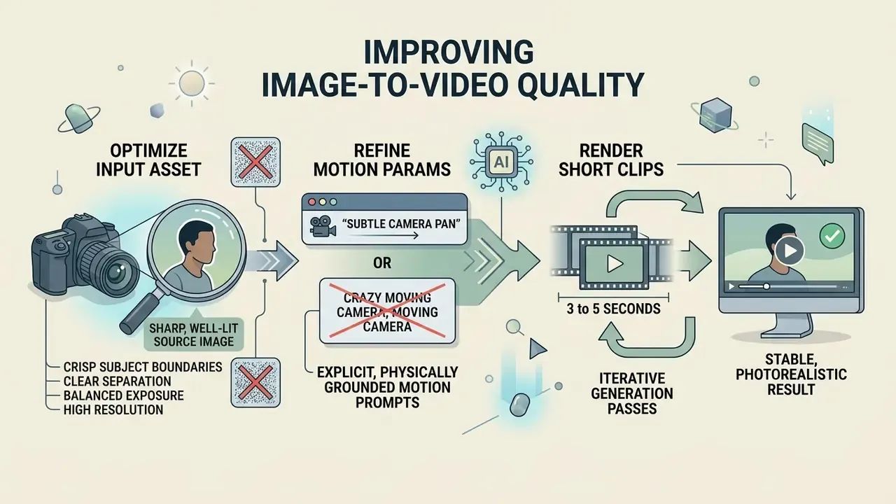 Infographic showing steps to optimize source images and refine motion prompts for AI video generation