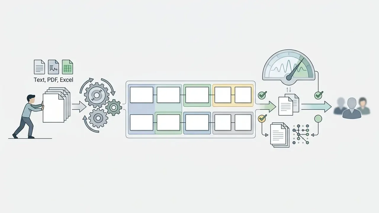 Person feeding documents into a gear system that organizes data into a twelve slide pitch deck format