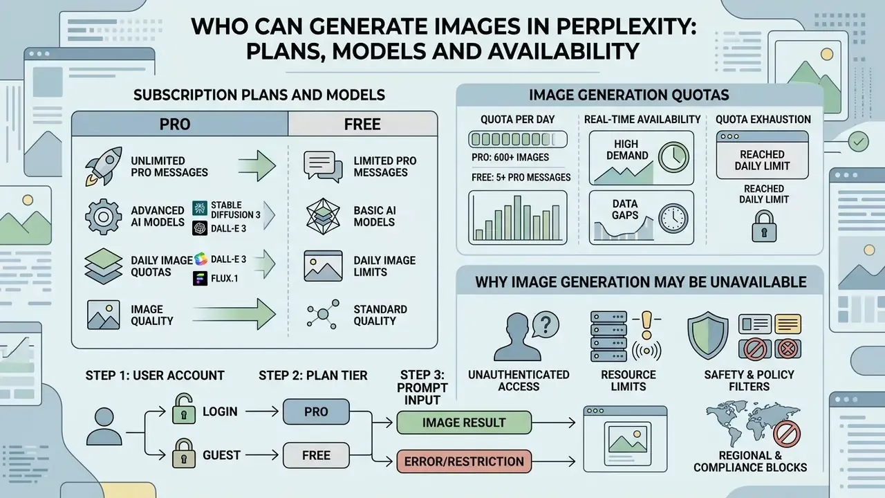 Chart comparing Perplexity AI subscription plans, daily generation quotas, and reasons for unavailability
