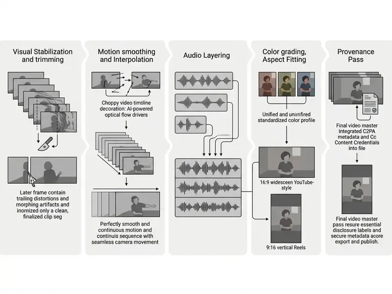Step-by-step post-production workflow for refining AI video through stabilization, audio mixing, and export