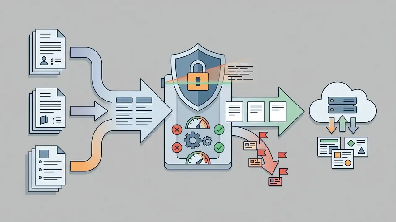Documents being scanned and filtered through a security gate before reaching cloud processing