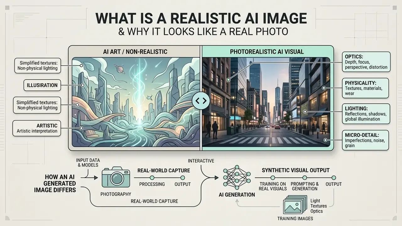Comparison infographic showing the differences between non-realistic AI art and a photorealistic AI image