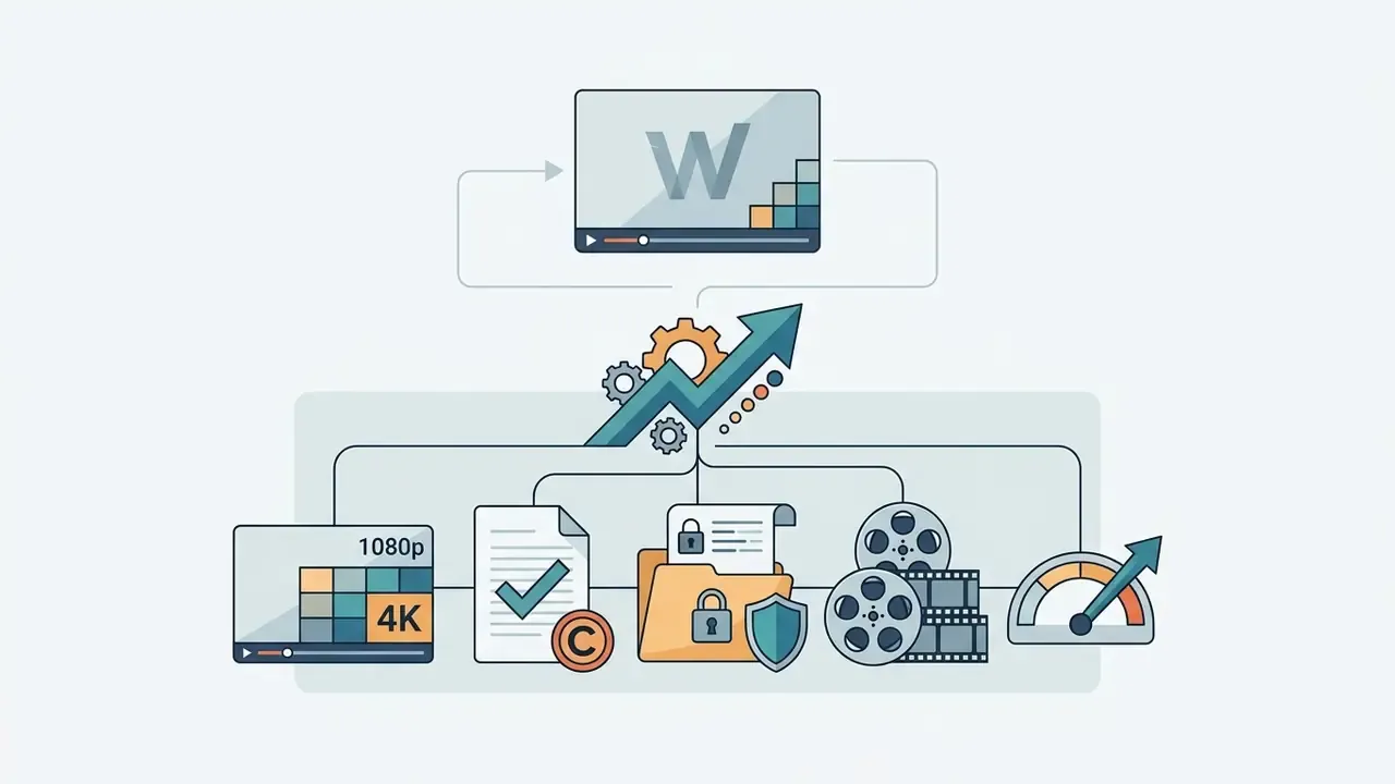 Diagram showing the transition from watermarked video to high-quality assets and commercial features