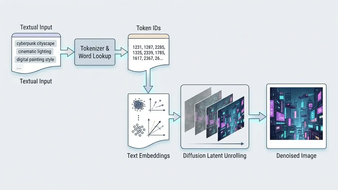 Flowchart depicting how text prompts are tokenized and converted into embeddings to generate images