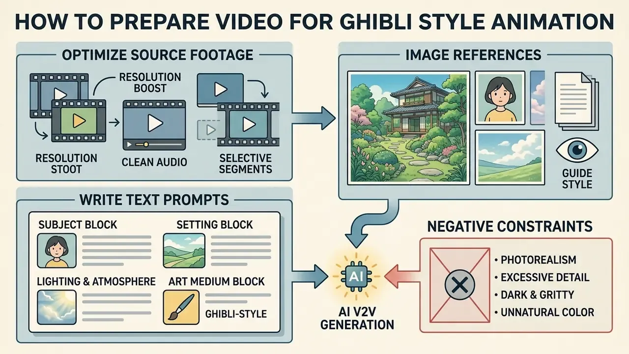 Infographic detailing steps to optimize video footage, select references, and write prompts for AI animation