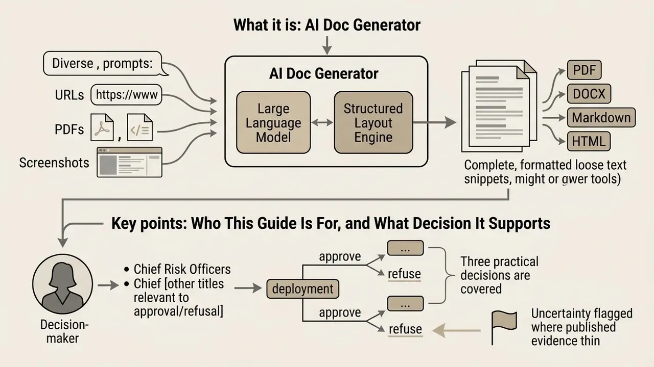 Flowchart showing how an AI document generator processes various inputs into formatted output files