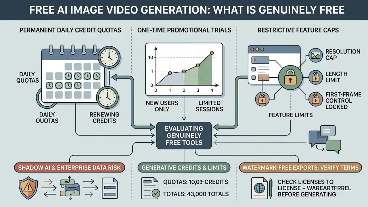 Infographic comparing credit quotas, promotional trials, and feature caps for free AI image video generation