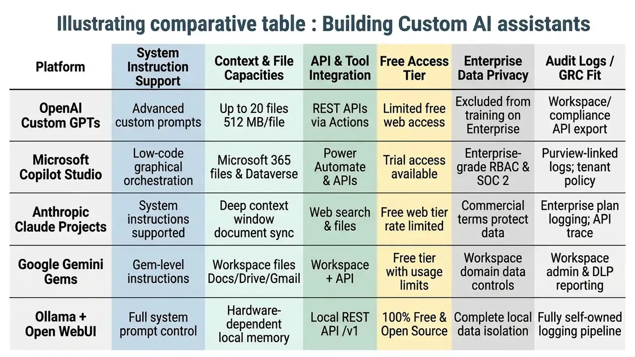 Table contrasting features of five AI development platforms across six operational categories