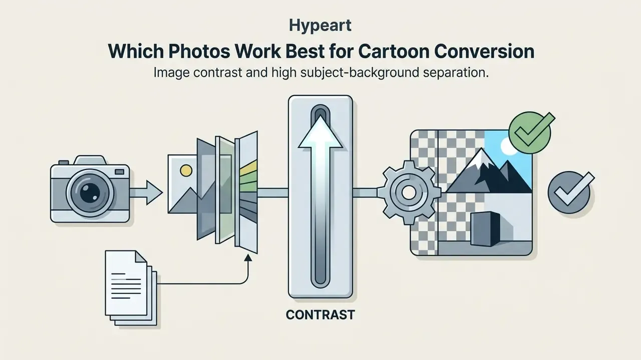 Camera and document icons feeding into a contrast adjustment slider and gear mechanism with checkmarks