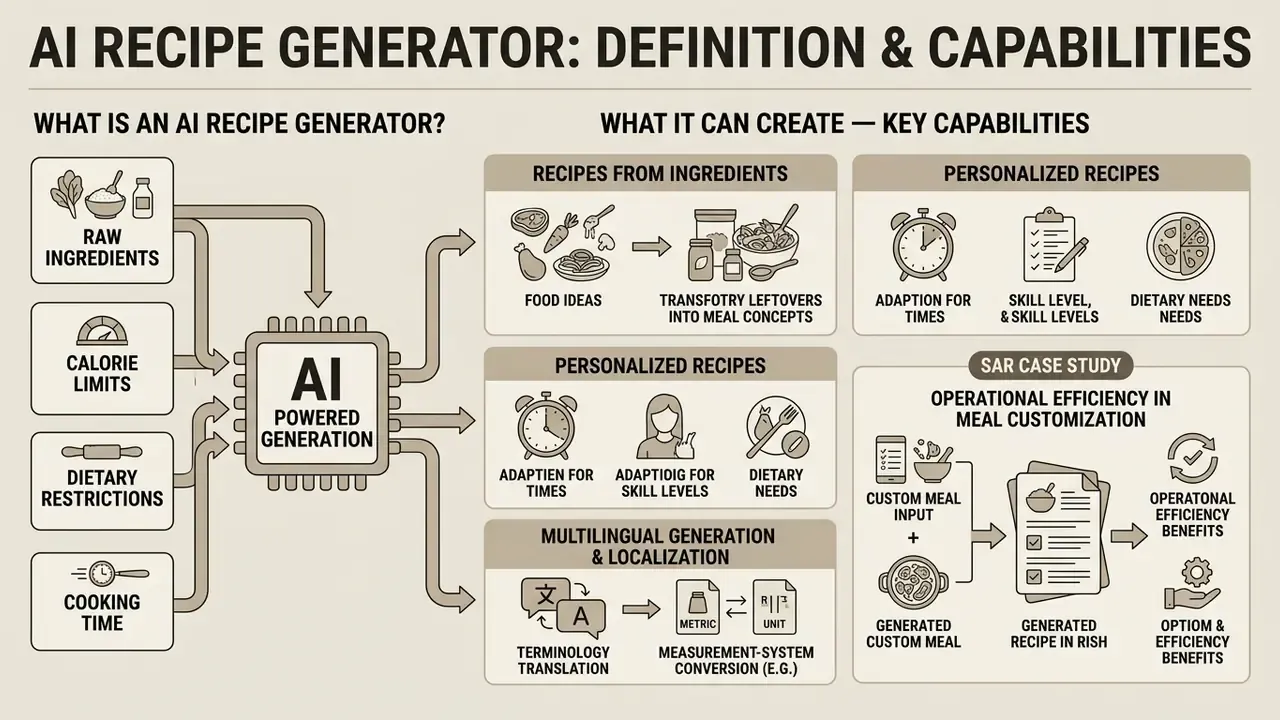 Flowchart showing how an AI recipe generator transforms user inputs into customized meal plans and instructions