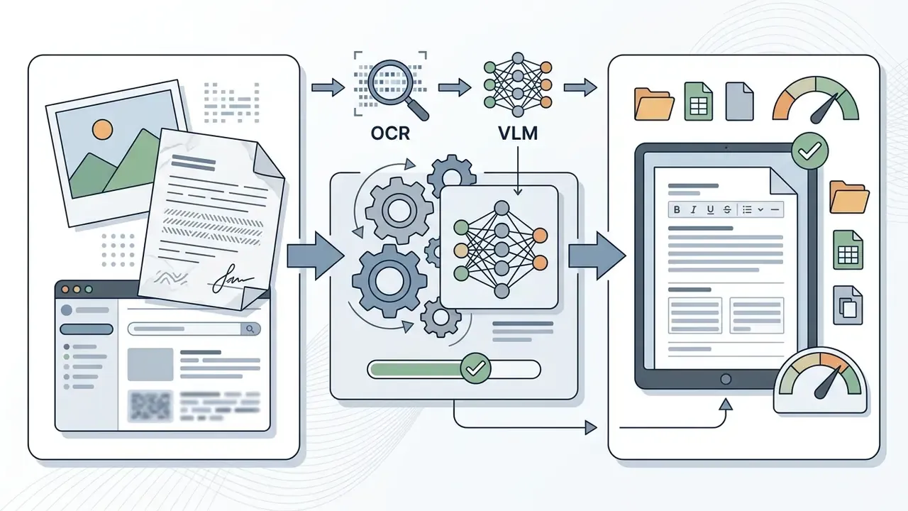 Visual inputs processed through OCR and VLM engines to generate editable digital documents