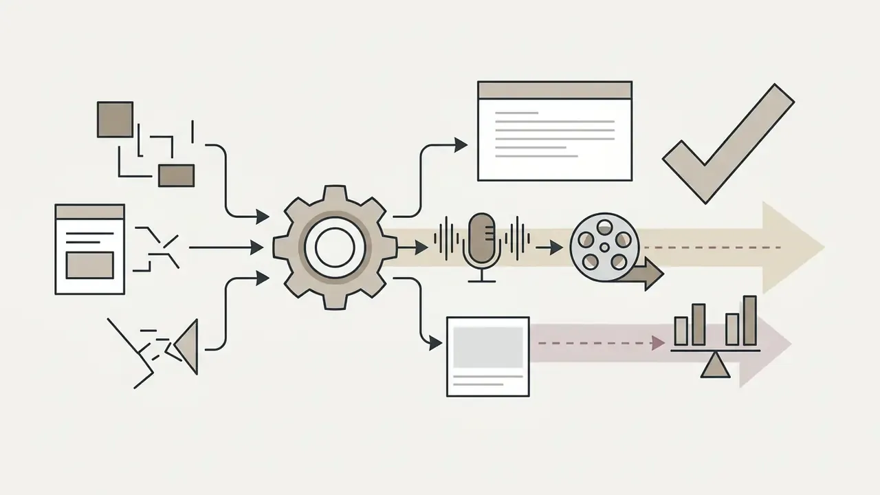 Input files feeding a central gear processor to generate audio and video assets with quality metrics