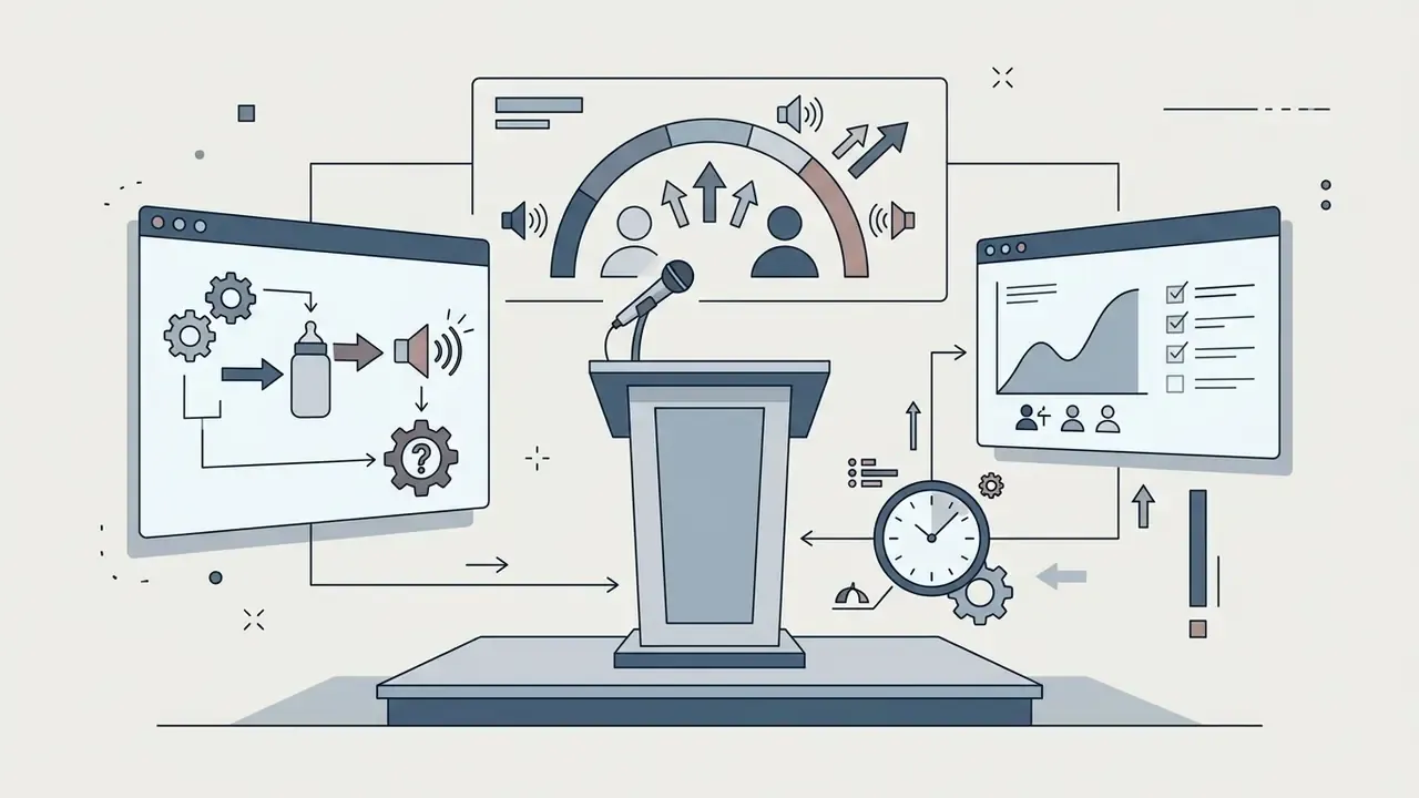 Podium with a microphone surrounded by screens showing audio processing charts and performance data