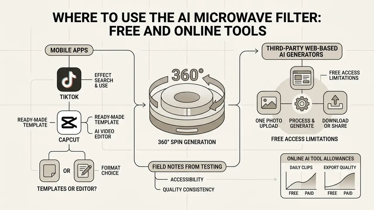 Flowchart detailing mobile app and web-based methods to create a 360-degree microwave AI filter video