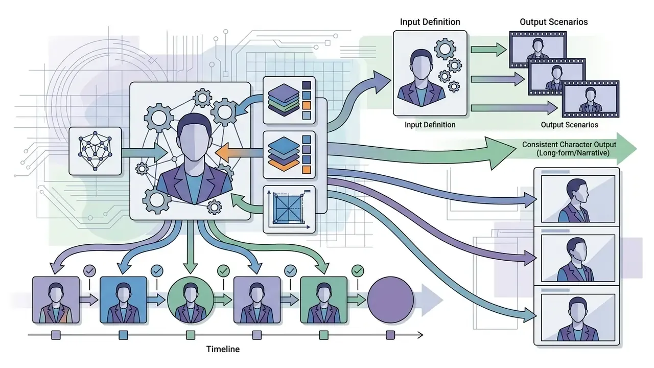 Visual representation of character consistency mapping across timelines and varied video output scenarios