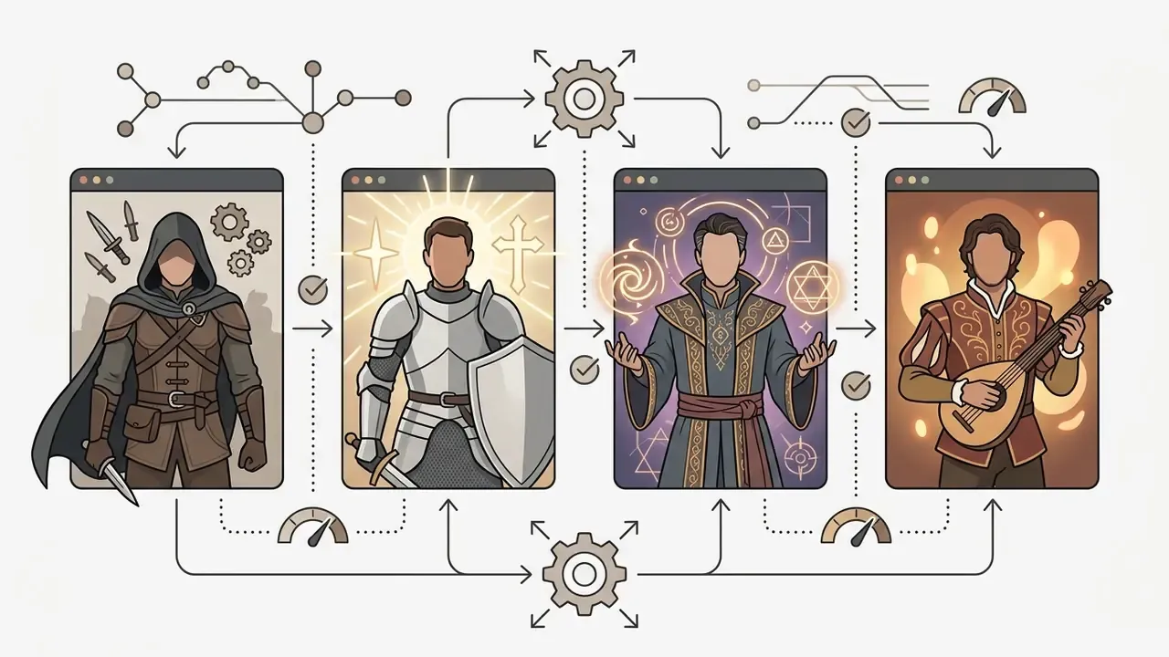 Four fantasy character archetypes in browser windows connected by gears and data flow indicators
