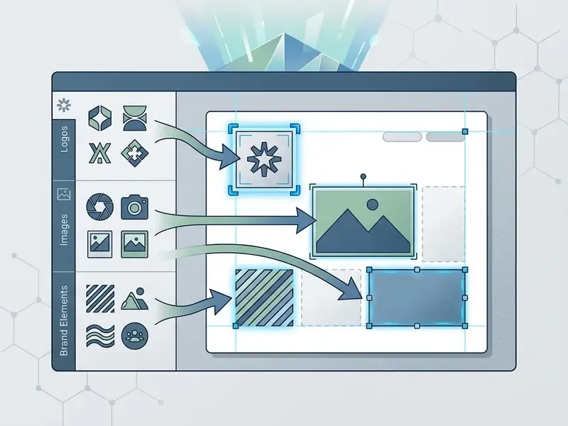 Sidebar menu showing arrows dragging logos, images, and brand elements onto a digital design canvas
