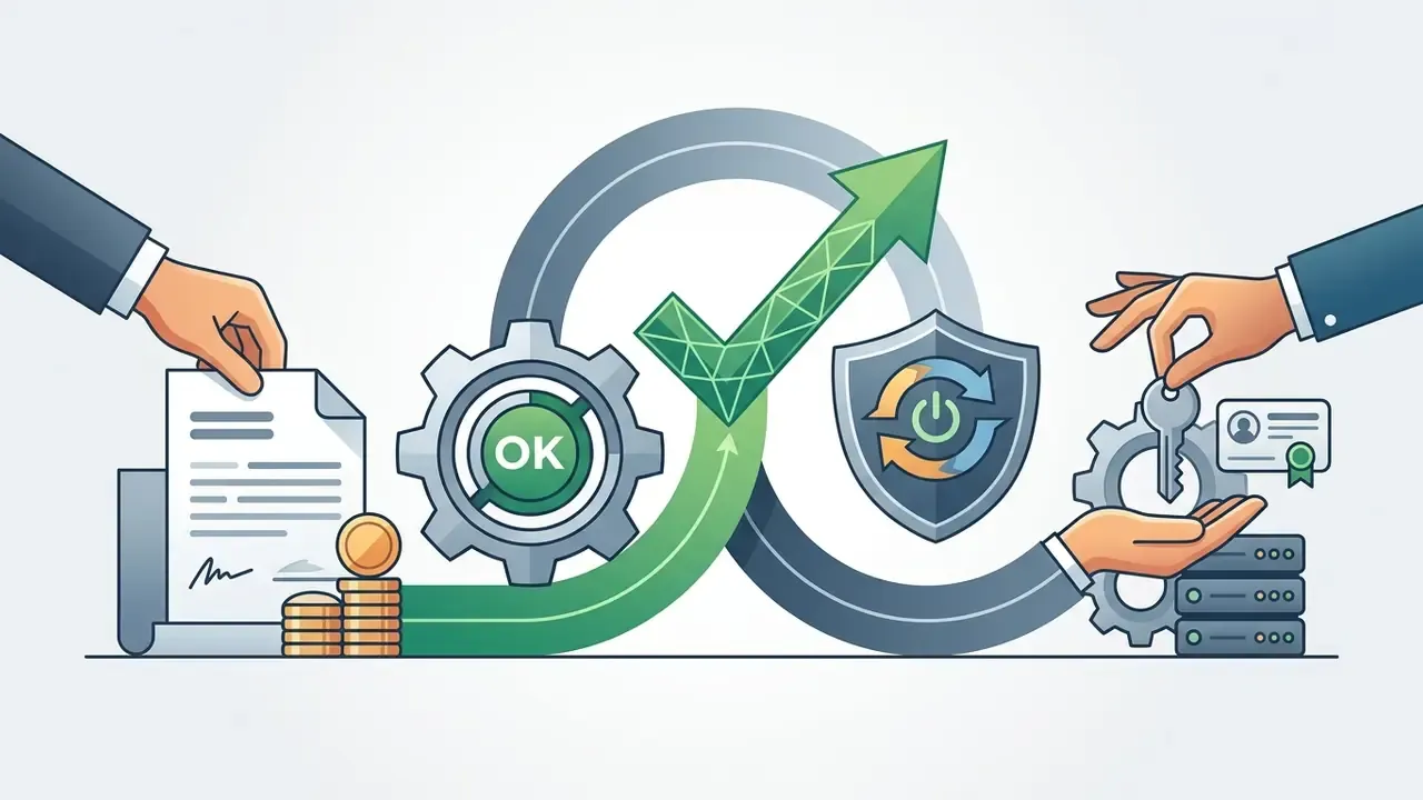 Hands exchanging a signed contract and a key near gears, a shield, and a green checkmark indicating resolution