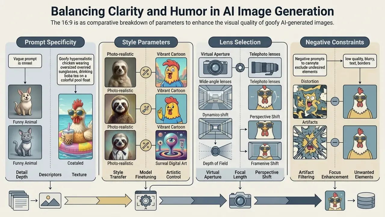 Comparative diagram detailing prompt, style, lens, and constraint parameters for goofy ahh AI images