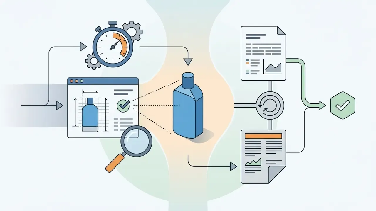 Technical process checking bottle dimensions and proportions against digital specifications and reports