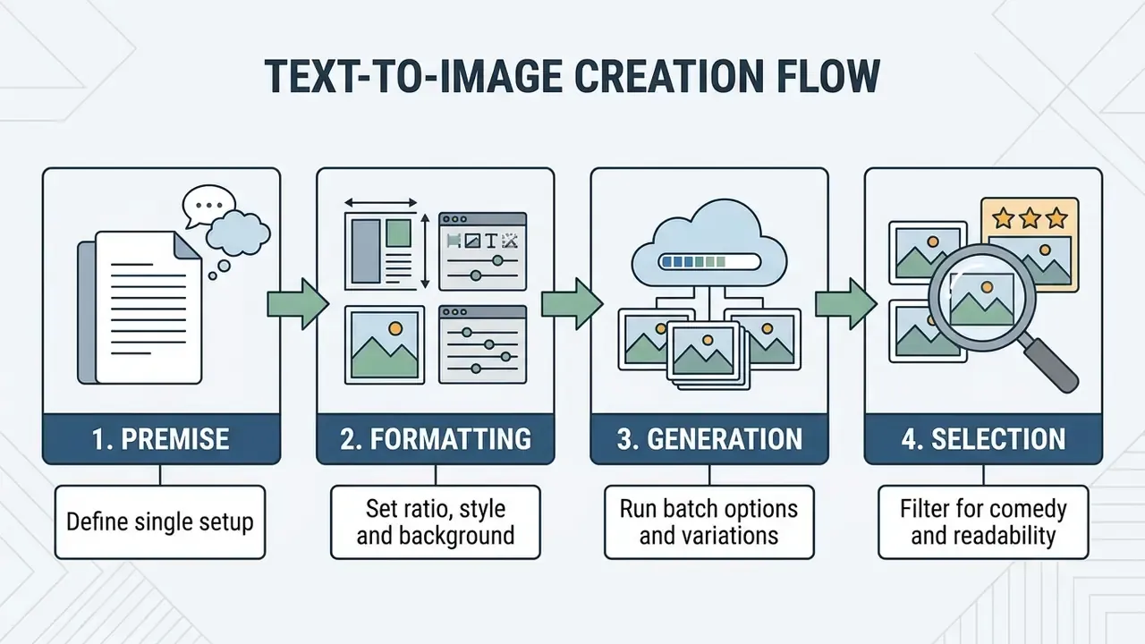 Four step process diagram for creating funny AI generated images from premise to selection