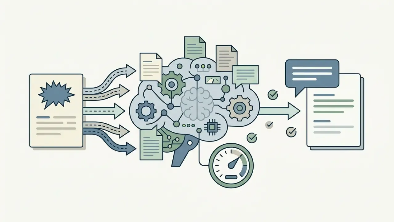 Conceptual graphic showing text input processed by a digital brain to generate conversational responses