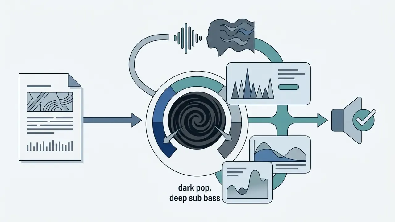 Text input flowing into a central vortex to generate vocal profiles and audio frequency data