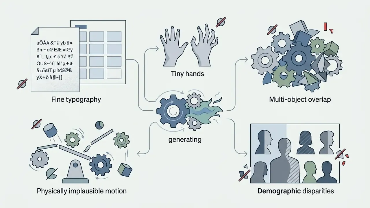 Central gear icon connected to icons representing typography, hand, object, motion, and demographic challenges